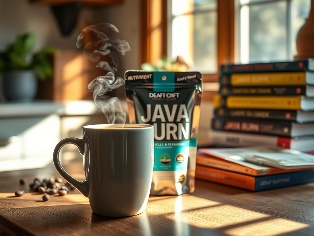 Steaming cup of coffee with a Java Burn supplement bag in the background, surrounded by coffee beans and books in a cozy setting.