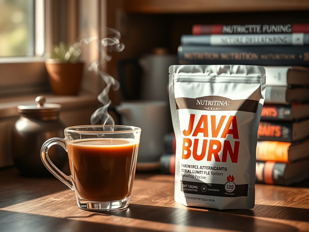 Steaming cup of coffee beside a Java Burn supplement bag, set on a wooden table with books in the background.