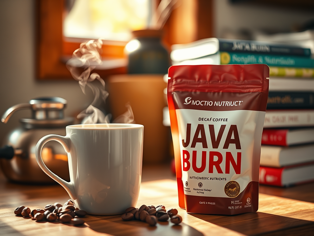 Steaming cup of coffee next to a Java Burn coffee supplement bag, with coffee beans and books in a cozy setting.