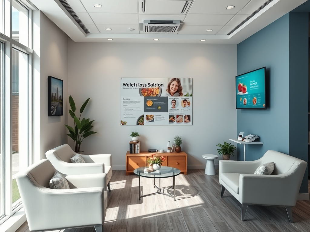 Elegant office lounge with modern furniture, warm lighting, and framed artwork on the walls.