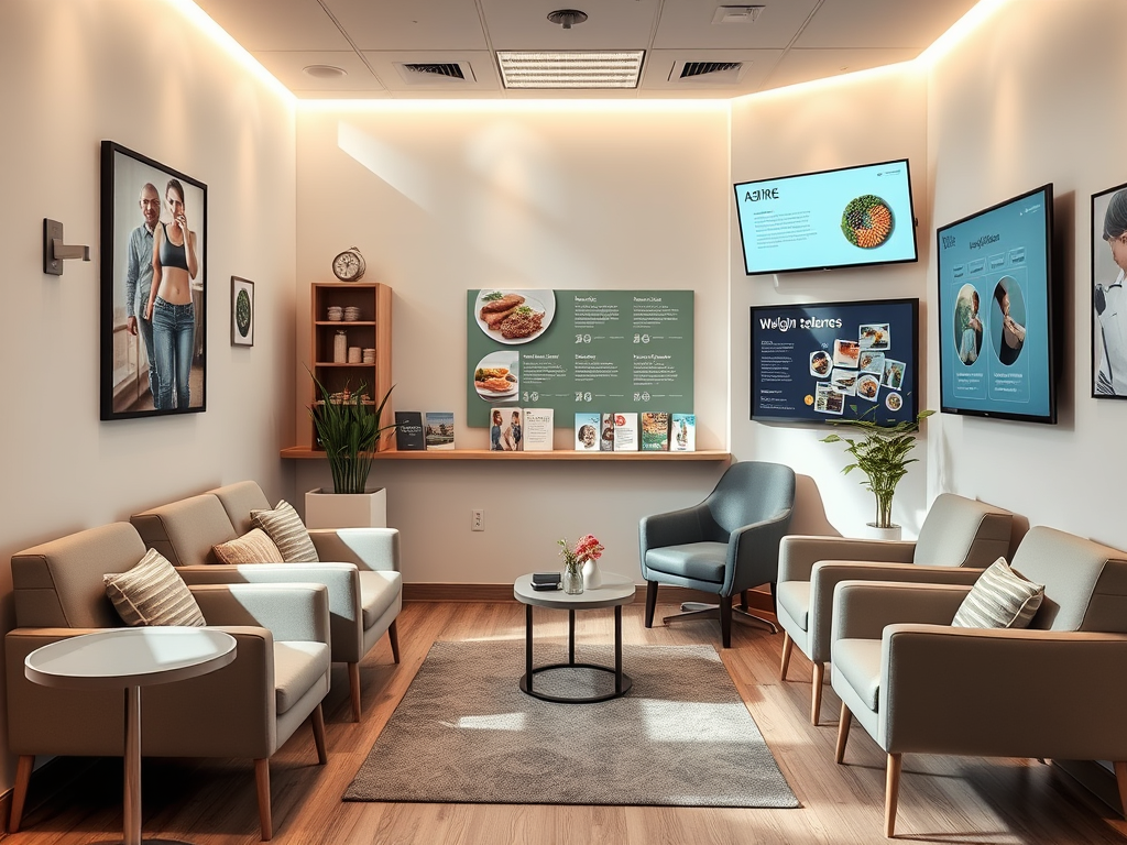 Modern office lounge with stylish furniture, natural lighting, and a welcoming atmosphere