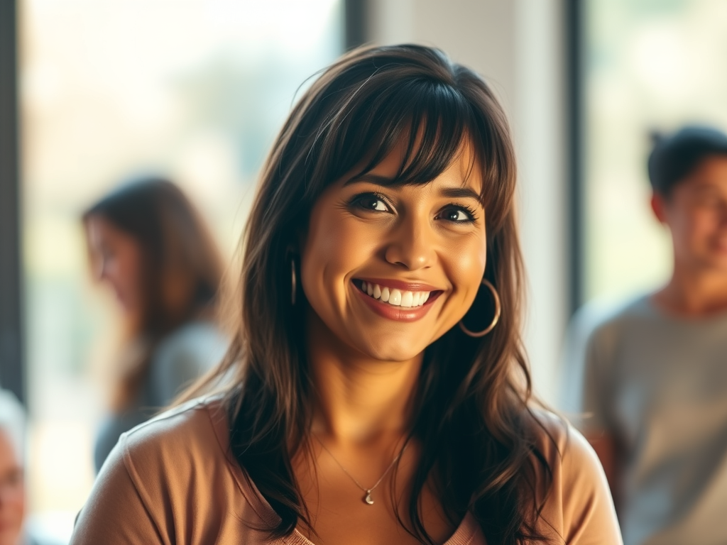 A smiling woman with shoulder-length dark hair and bangs, wearing hoop earrings and a brown top, in a warmly lit indoor setting with a blurred background.