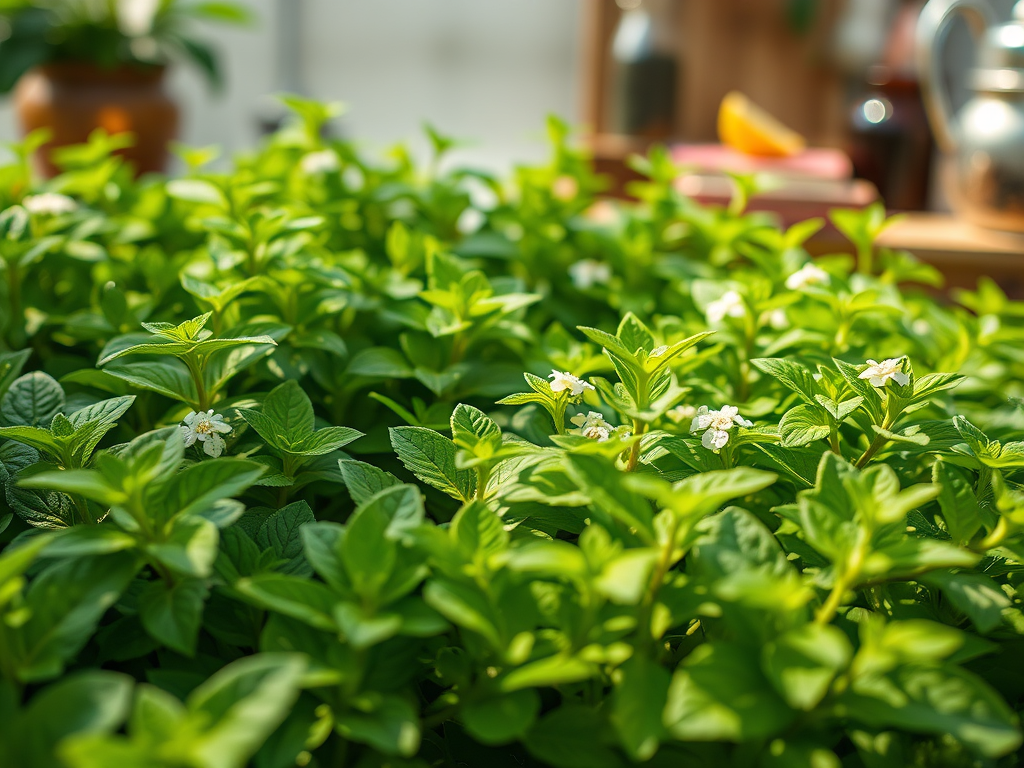 Lush green mint plants with small white flowers growing in a sunlit indoor garden - Lemon Balm