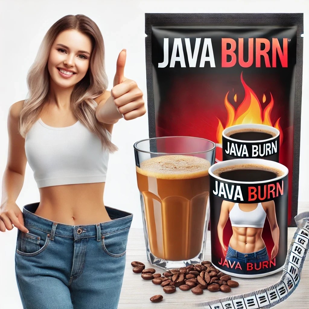 Product advertisement for Java Burn weight loss supplement showing product packaging alongside a person