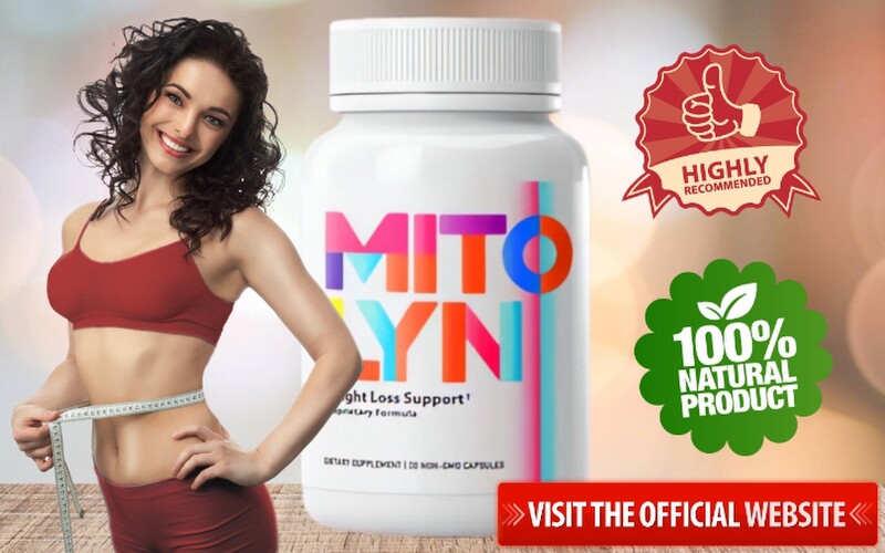 Advertisement for Mitocyni weight loss supplement showing a white bottle with colorful logo alongside a person in red athletic wear measuring their waist. Features badges claiming 'HIGHLY RECOMMENDED' and '100% NATURAL PRODUCT' with a red button stating 'VISIT THE OFFICIAL WEBSITE'.